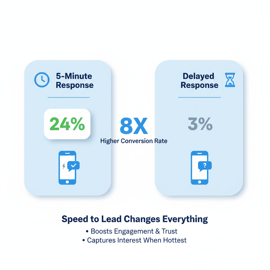 Lead response speed comparison showing 8x higher conversion rates with immediate follow-up - contractor lead management automation