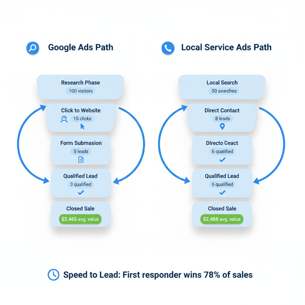 Solar lead conversion funnel comparison showing Google Ads research-based journey vs Local Service Ads direct contact path