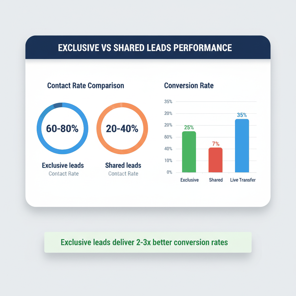 Exclusive vs shared auto insurance leads performance data showing contact and conversion rate differences