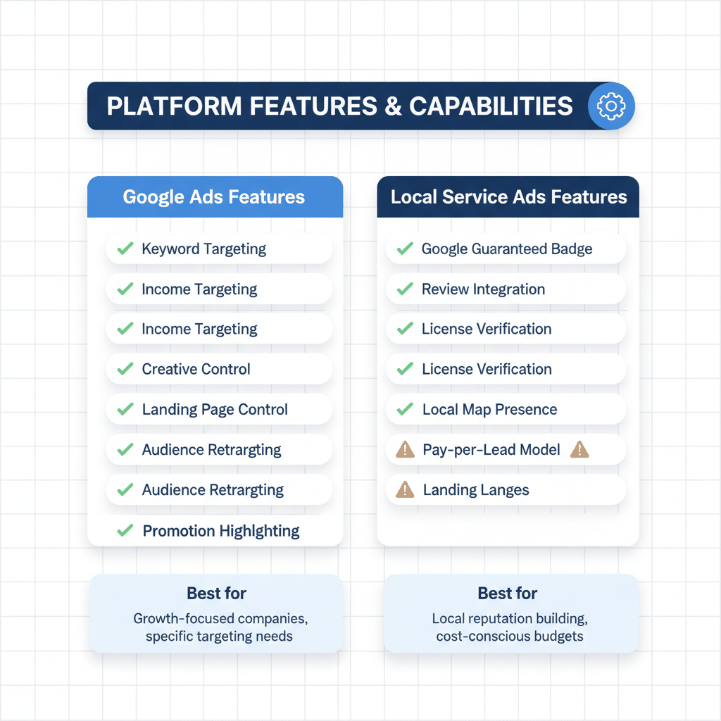 Solar advertising platform features matrix comparing Google Ads targeting capabilities vs Local Service Ads trust signals