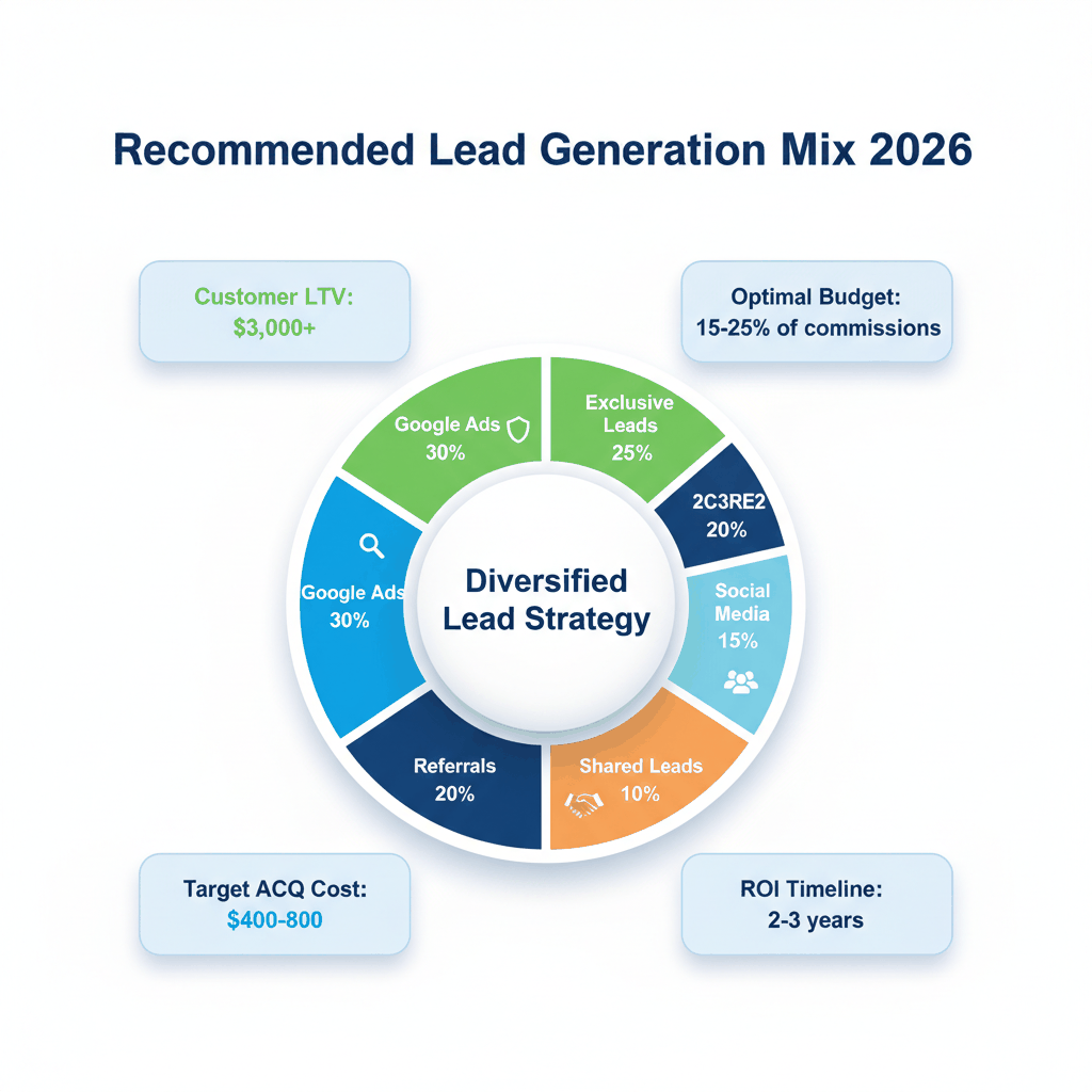 Auto insurance lead generation budget allocation showing recommended mix of Google Ads, exclusive leads, and other sources