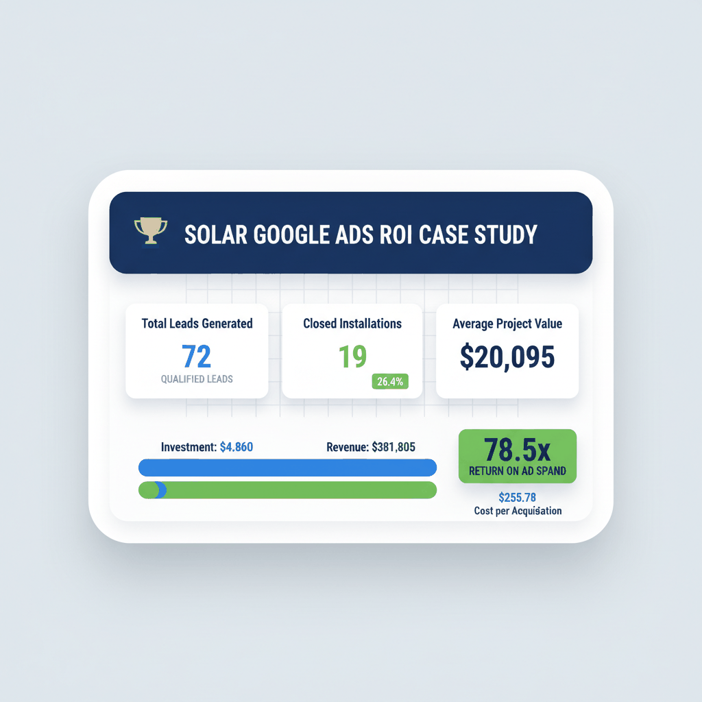 Solar Google Ads ROI dashboard showing $4,860 investment generating $381,805 revenue with 78.5x return on ad spend