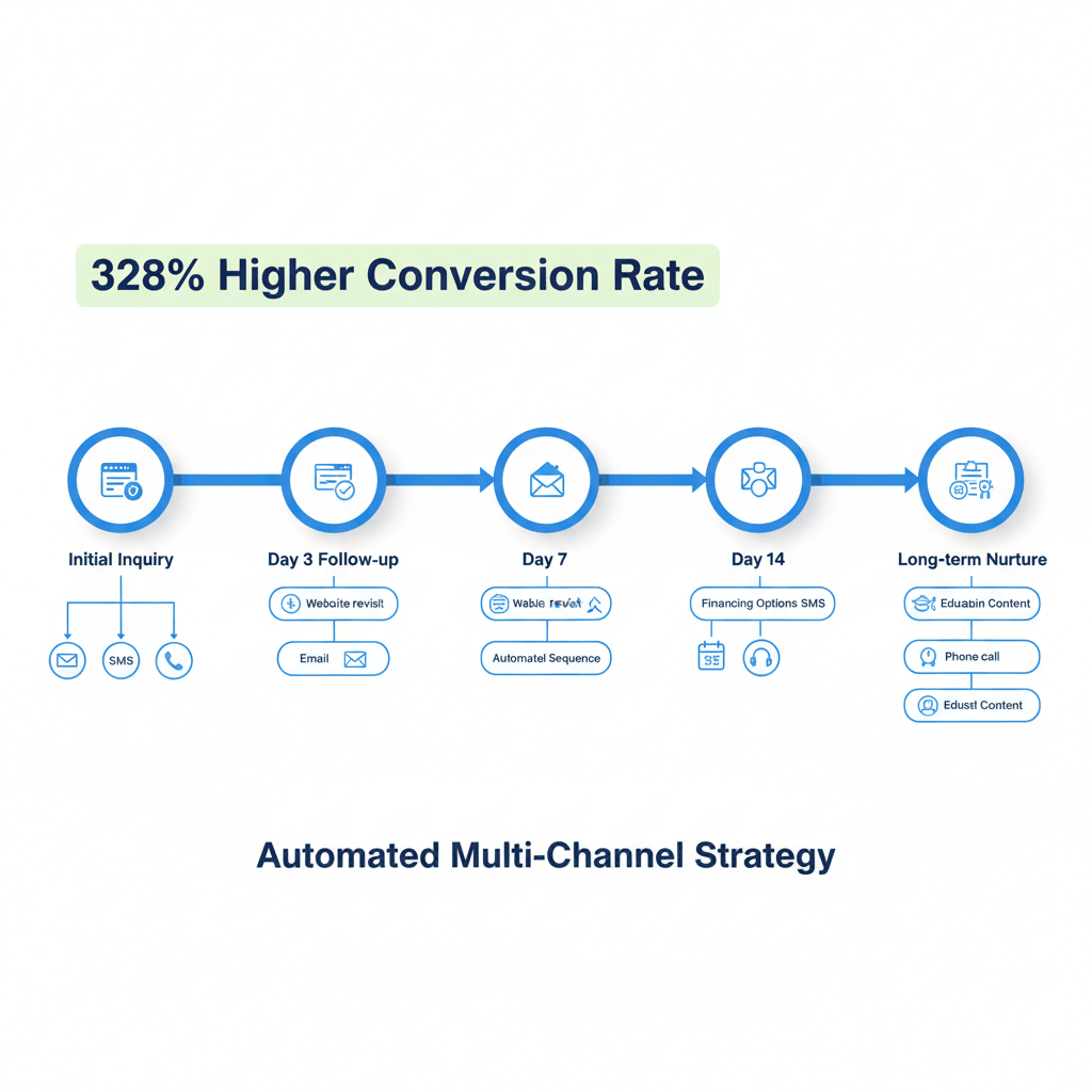 Multi-channel lead nurturing workflow automation for window installers showing email, SMS, and phone follow-up sequence