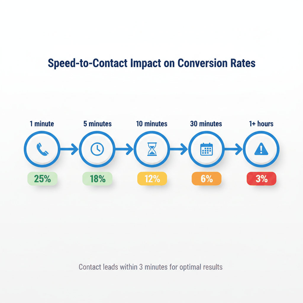 Auto insurance lead response time impact showing conversion rate decline from 1 minute to 1 hour contact delays