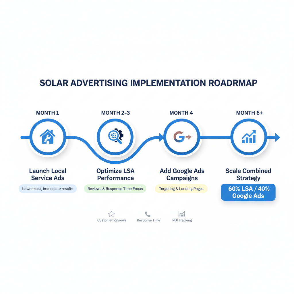 Solar advertising implementation roadmap showing 6-month strategy from LSA launch to combined 60/40 platform approach