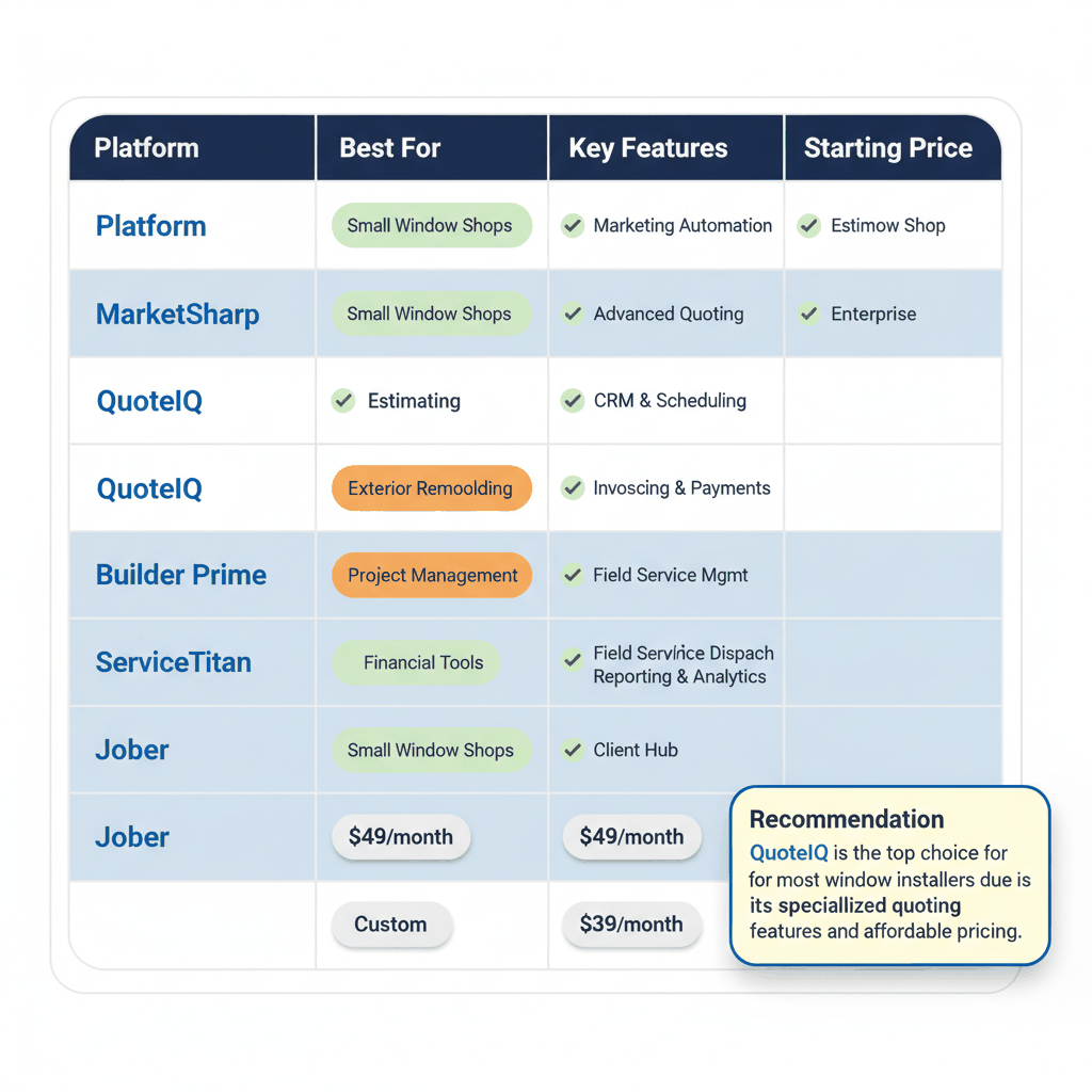 Window installation CRM platform comparison showing MarketSharp, QuoteIQ, Builder Prime, and ServiceTitan features and pricing