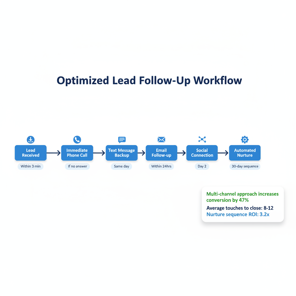 Auto insurance lead CRM workflow showing multi-channel follow-up sequence for maximum conversion rates