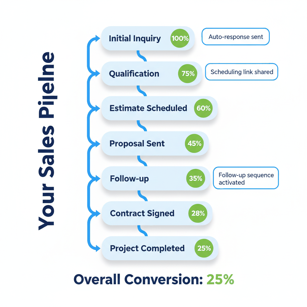 Window installation sales pipeline showing eight stages from inquiry to completion with conversion rates and automation triggers