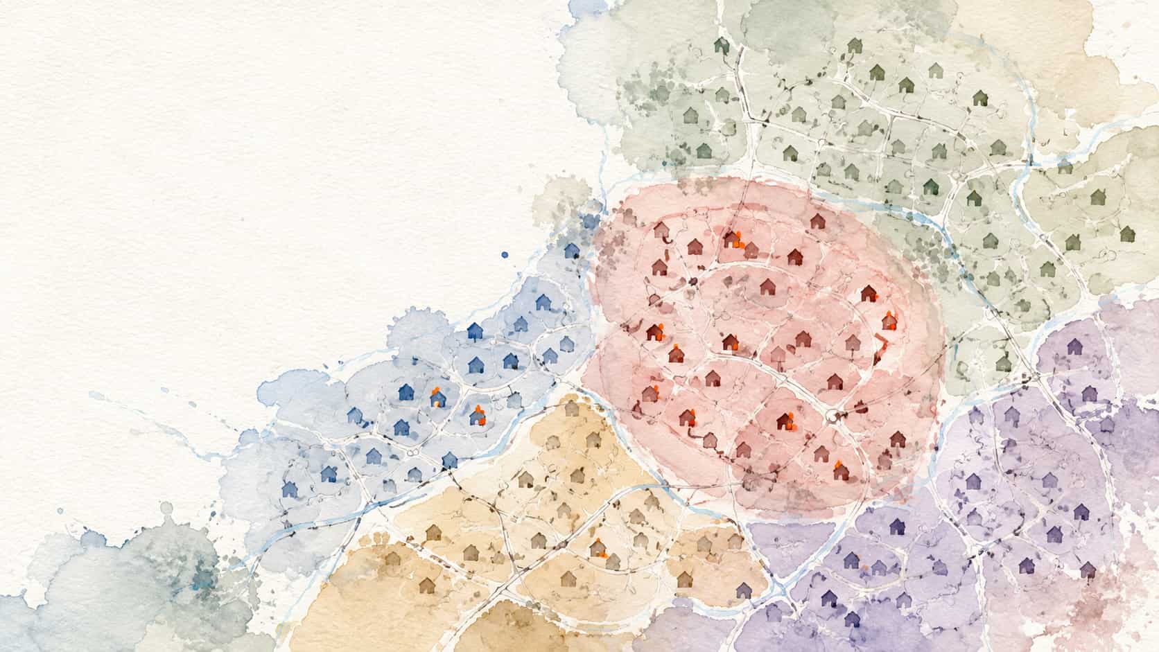 Soft watercolor map of a plumbing service territory with distinct colored zones and scattered active call markers - plumbing service area leads
