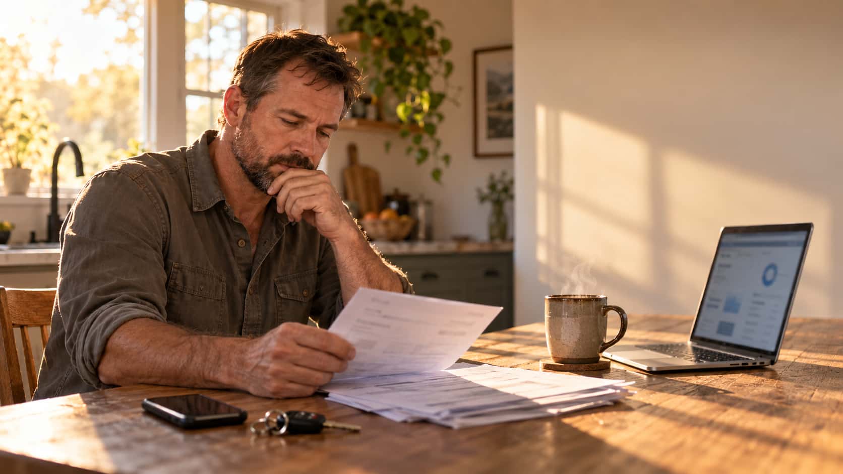 Roofing contractor at a kitchen table reviewing lead invoices and a laptop dashboard in morning light - buy roofing leads online