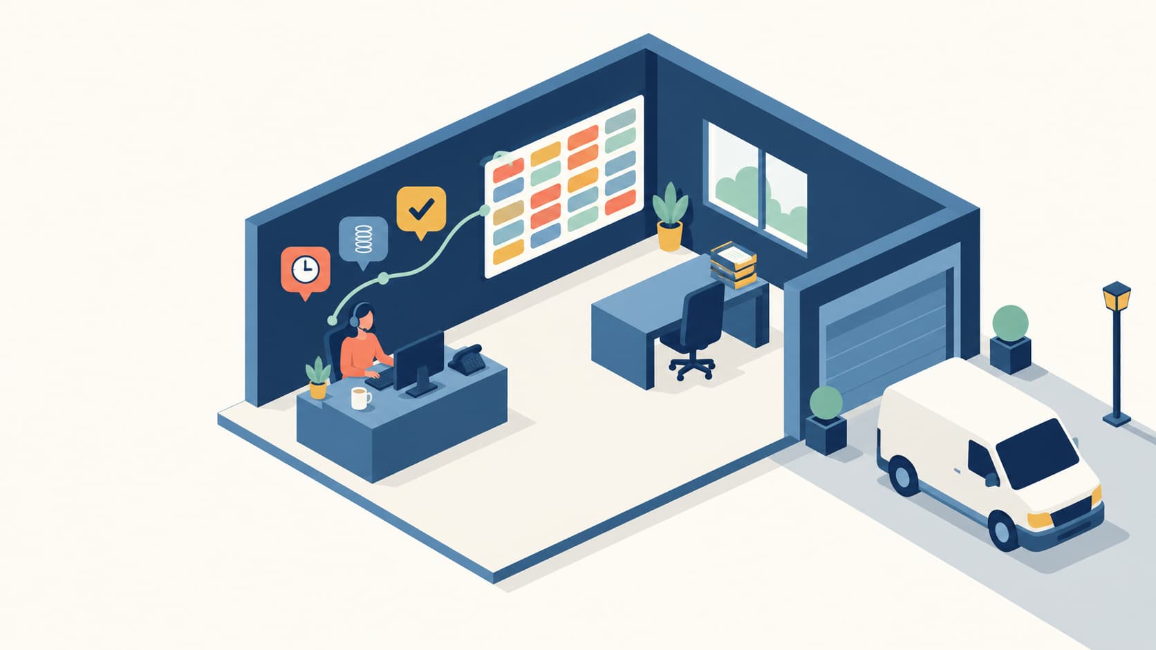 Isometric illustration of a garage door company office with a CSR on a headset, a dispatch board, and a service van outside - garage door call handling