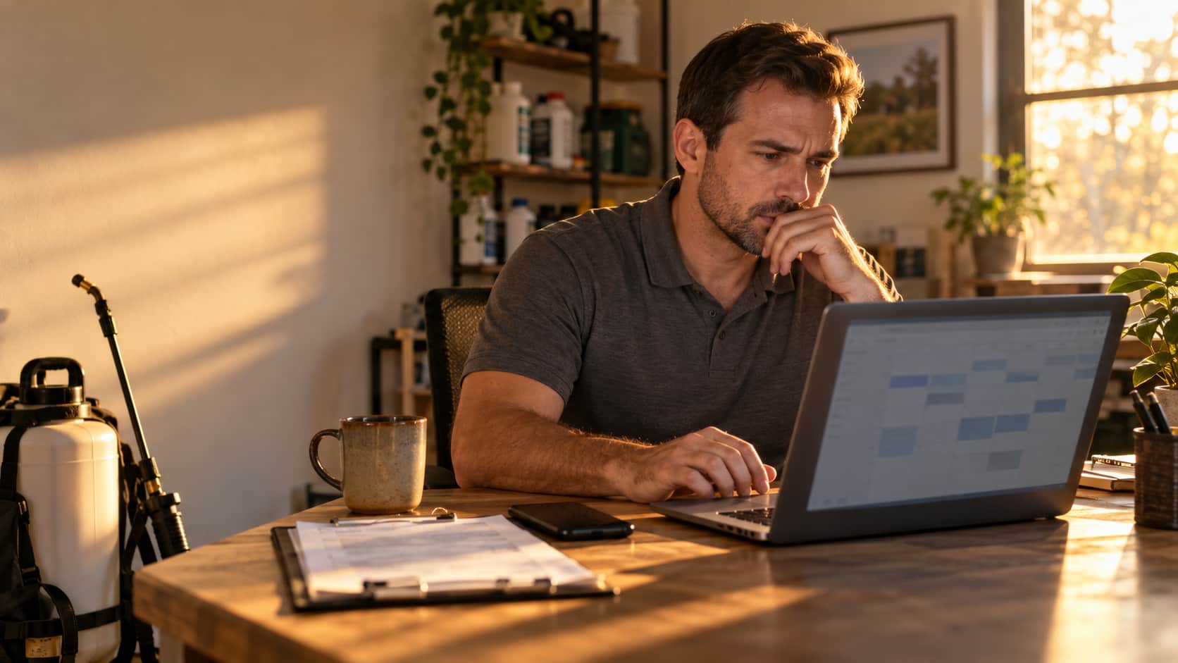 Pest control business owner at a desk with a scheduling calendar open on a laptop and an idle phone beside it - pest control software