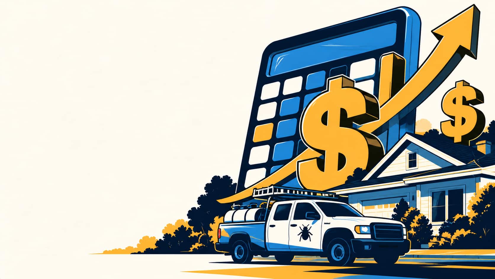 Bold graphic illustration of a light price tag beside a far heavier one above a pest control van and house - pest control lead roi