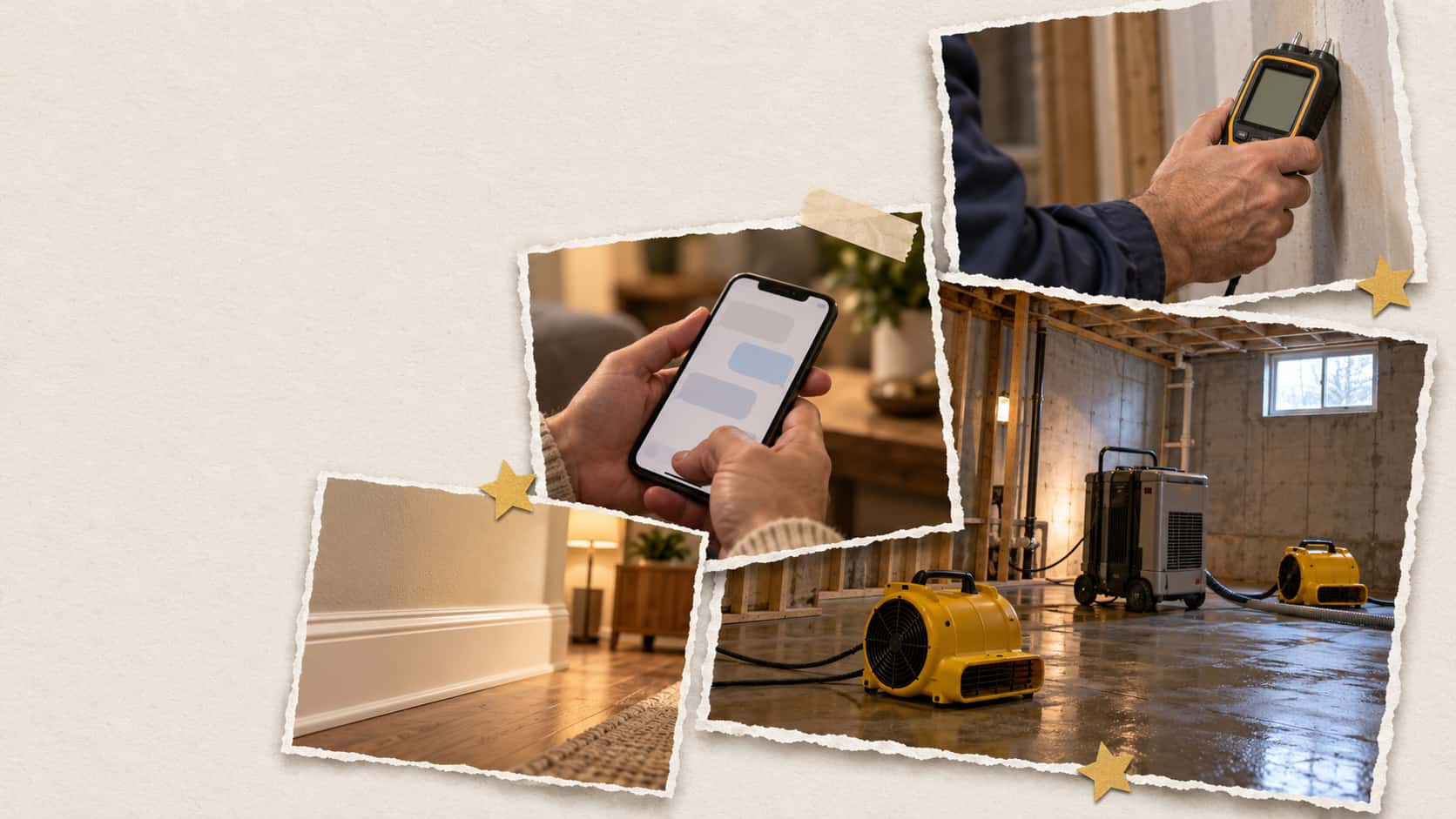 Photo collage of drying equipment, a moisture meter, a homeowner’s phone and gold stars - restoration company reviews