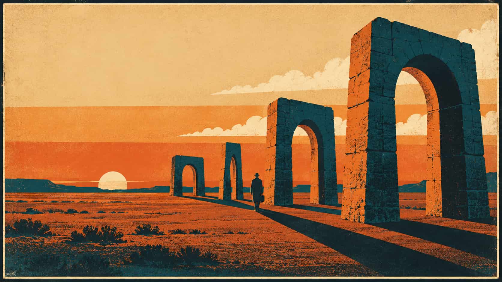 Vintage poster of four stone archways in a row with the third conspicuously narrower - how to grow a personal injury practice